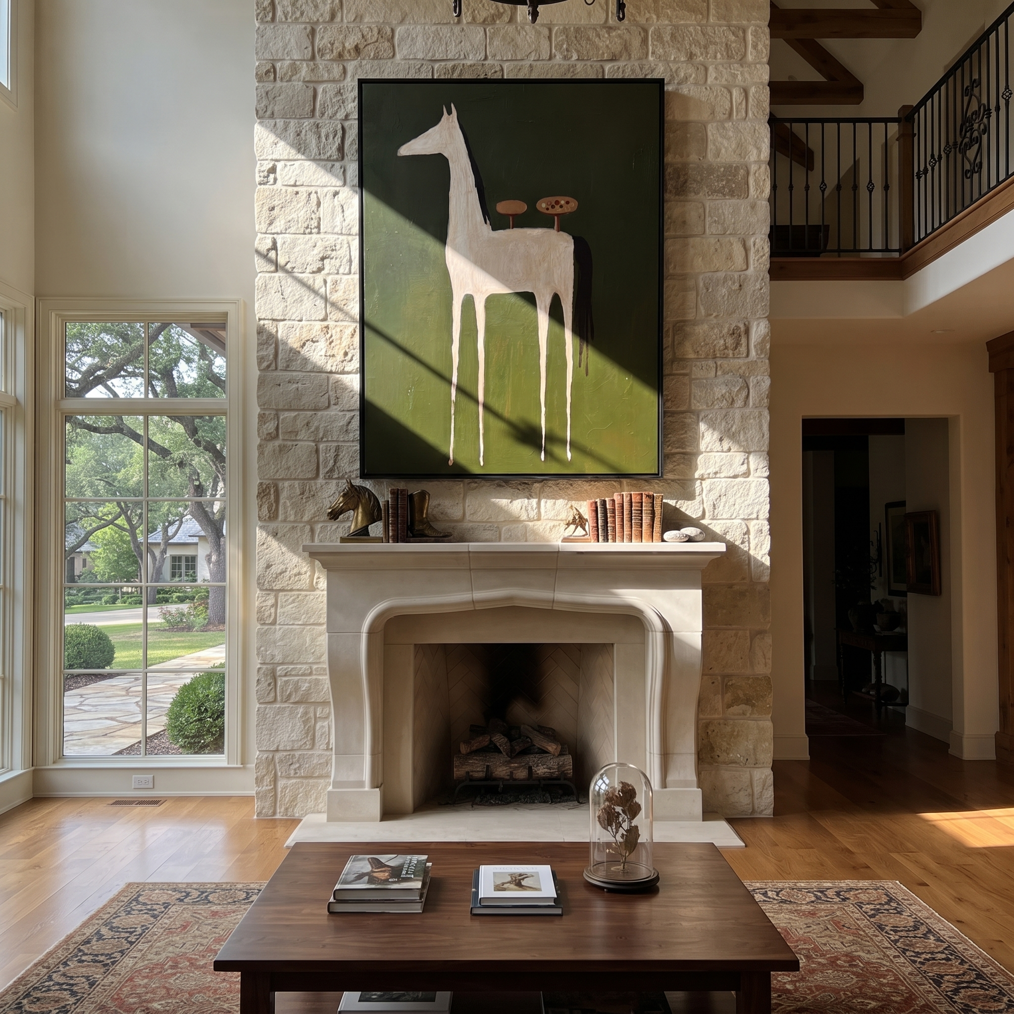 Quiet Reins Move through Olive - modern horse portrait by Isabelle Laurent, modern Western vertical wall art – styled room scene view 3