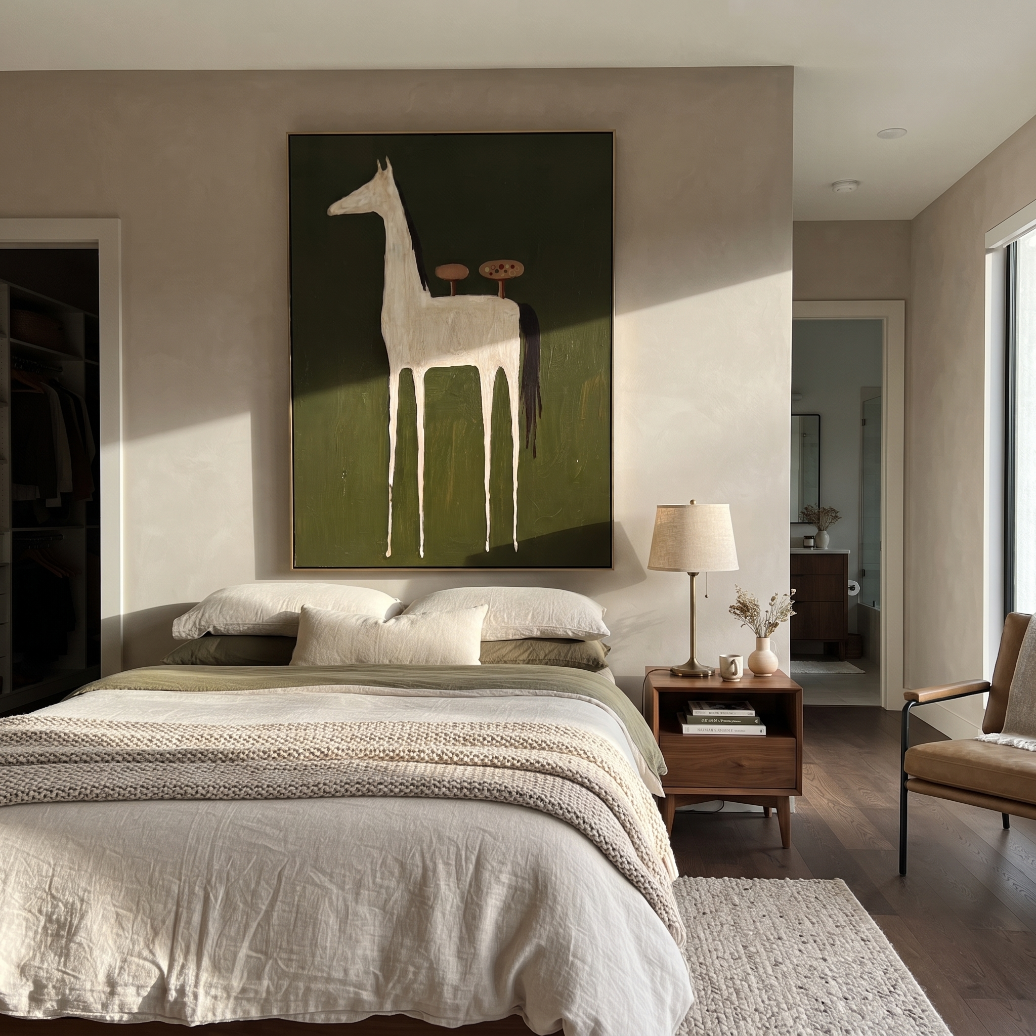 Quiet Reins Move through Olive - modern horse portrait by Isabelle Laurent, modern Western vertical wall art – styled room scene view 4