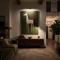 Quiet Reins Move through Olive - modern horse portrait by Isabelle Laurent, modern Western vertical wall art – styled room scene view 5