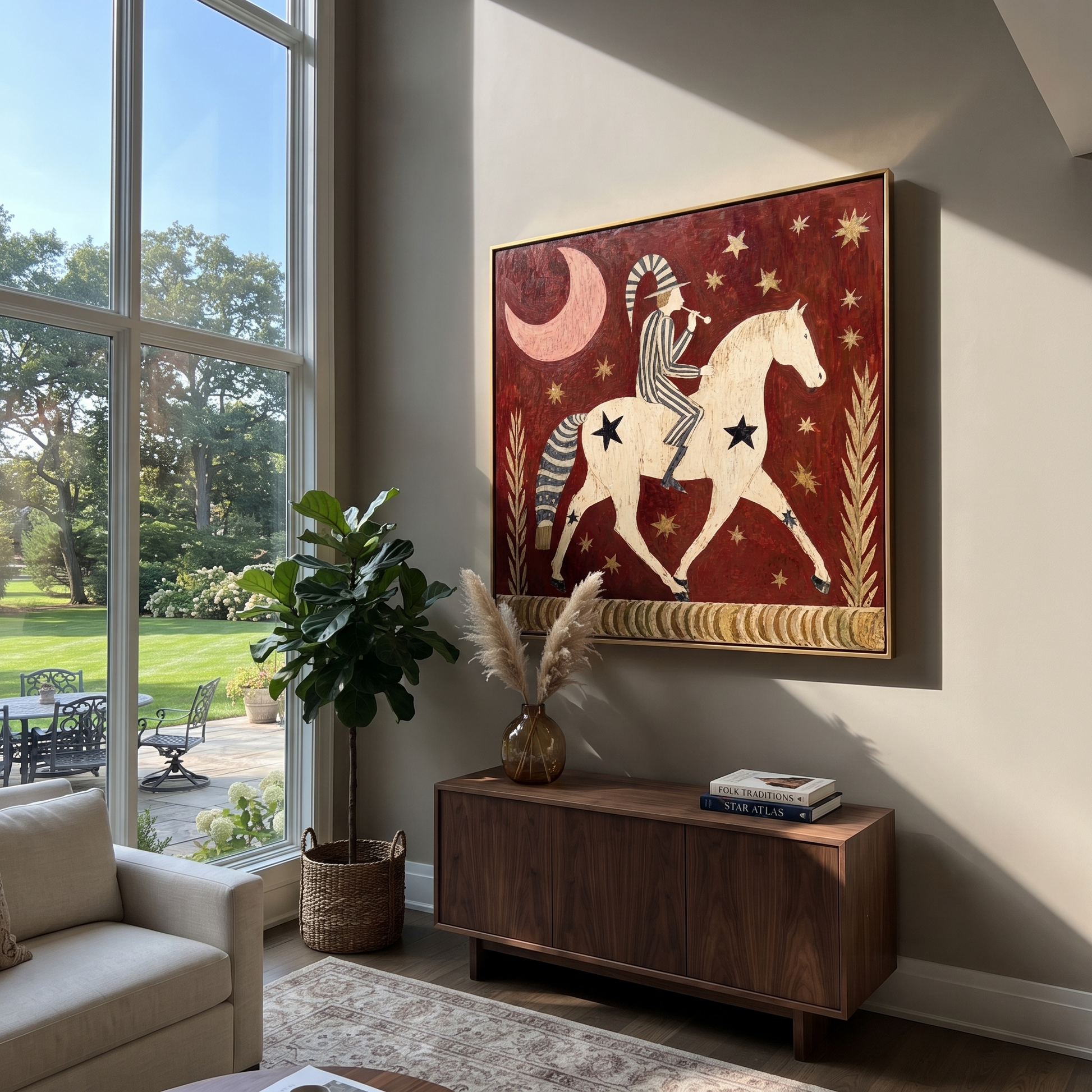 Painted Saddle Move through Olive - symbolic horse and rider painting by Isabelle Laurent, modern Western square wall art – styled room scene view 1