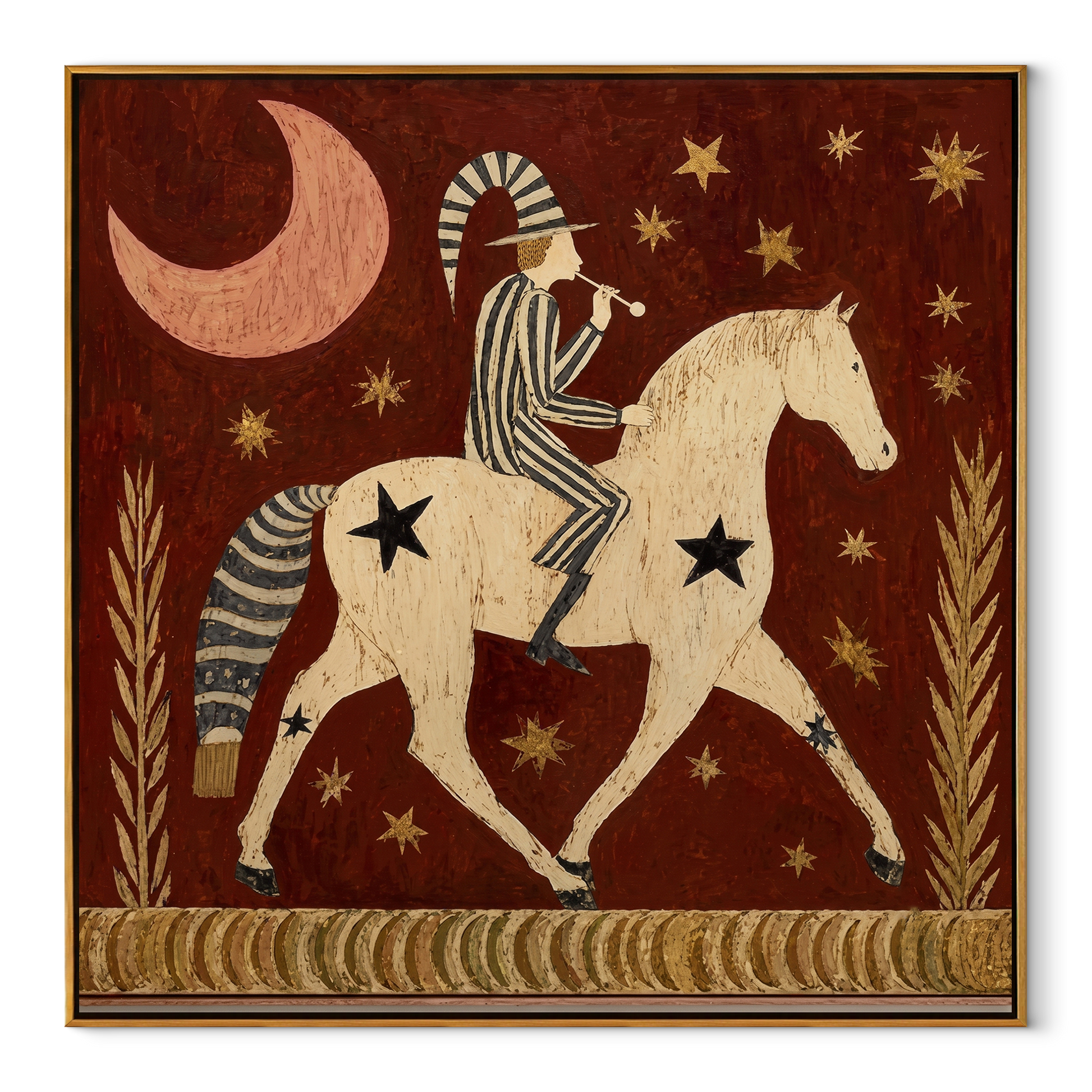 Painted Saddle Move through Olive - symbolic horse and rider painting by Isabelle Laurent, modern Western square wall art – wood frame on white background
