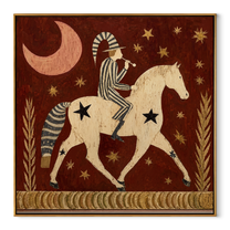 Painted Saddle Move through Olive - symbolic horse and rider painting by Isabelle Laurent, modern Western square wall art – wood frame on white background