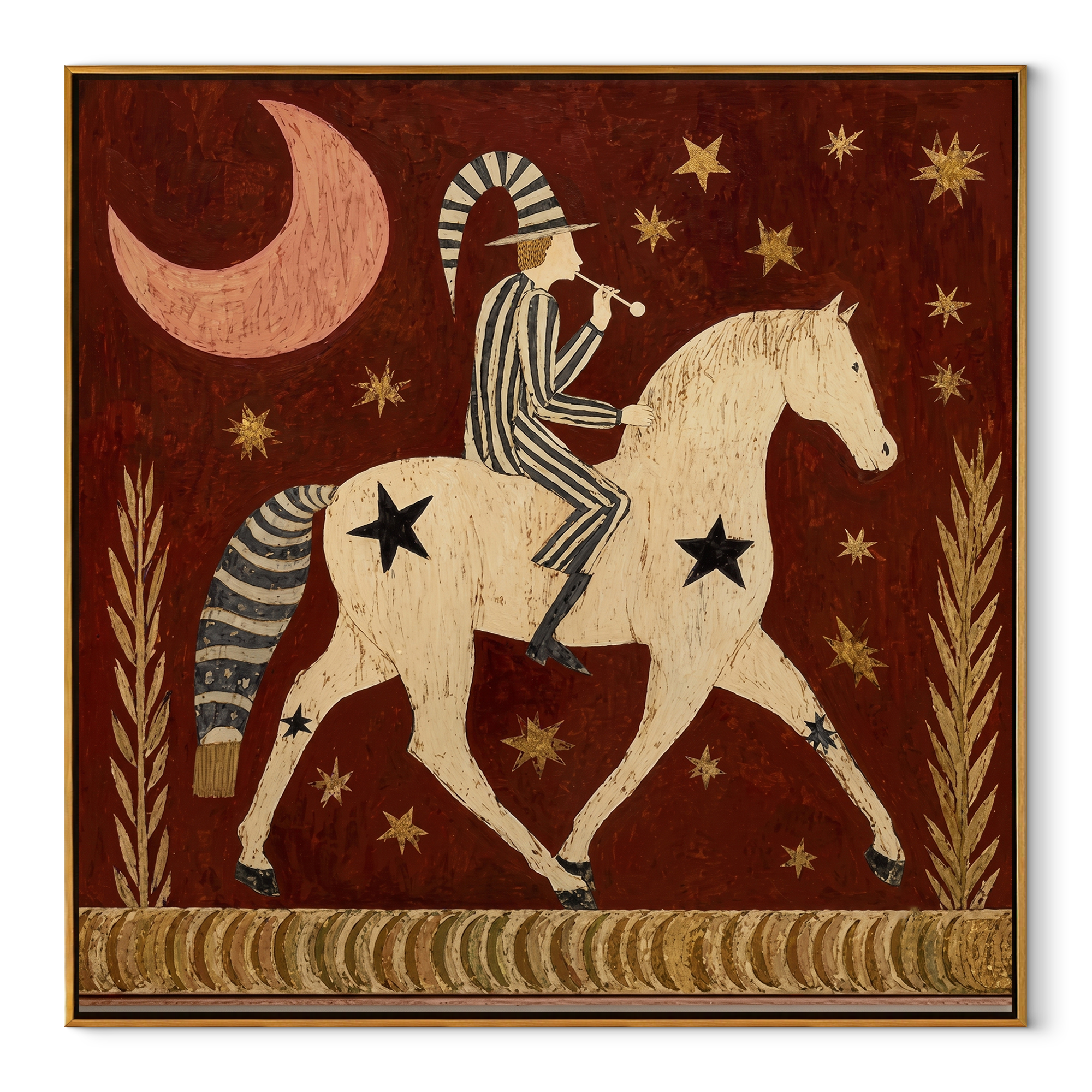 Painted Saddle Move through Olive - symbolic horse and rider painting by Isabelle Laurent, modern Western square wall art – wood frame on white background
