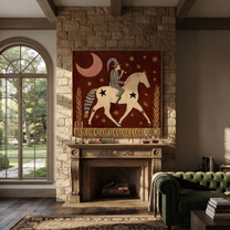 Painted Saddle Move through Olive - symbolic horse and rider painting by Isabelle Laurent, modern Western square wall art – styled room scene view 2