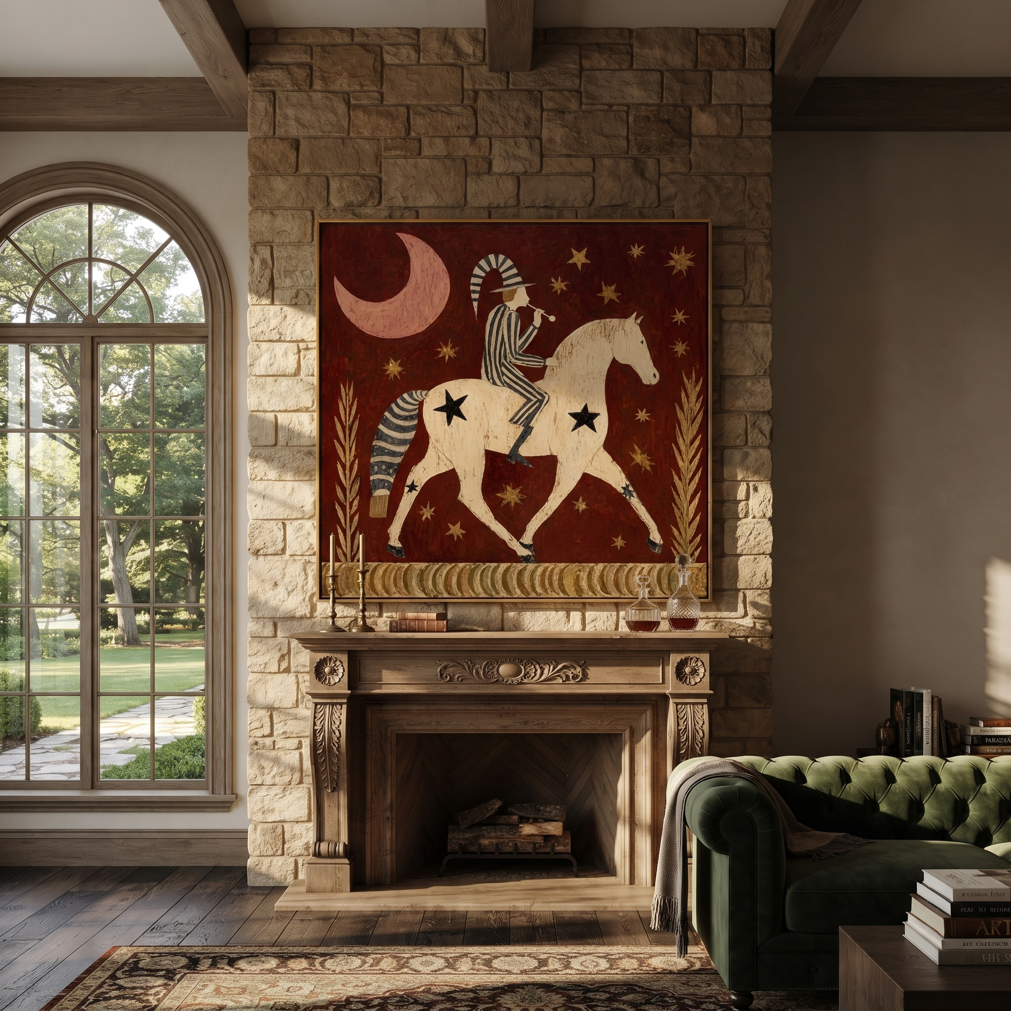 Painted Saddle Move through Olive - symbolic horse and rider painting by Isabelle Laurent, modern Western square wall art – styled room scene view 2