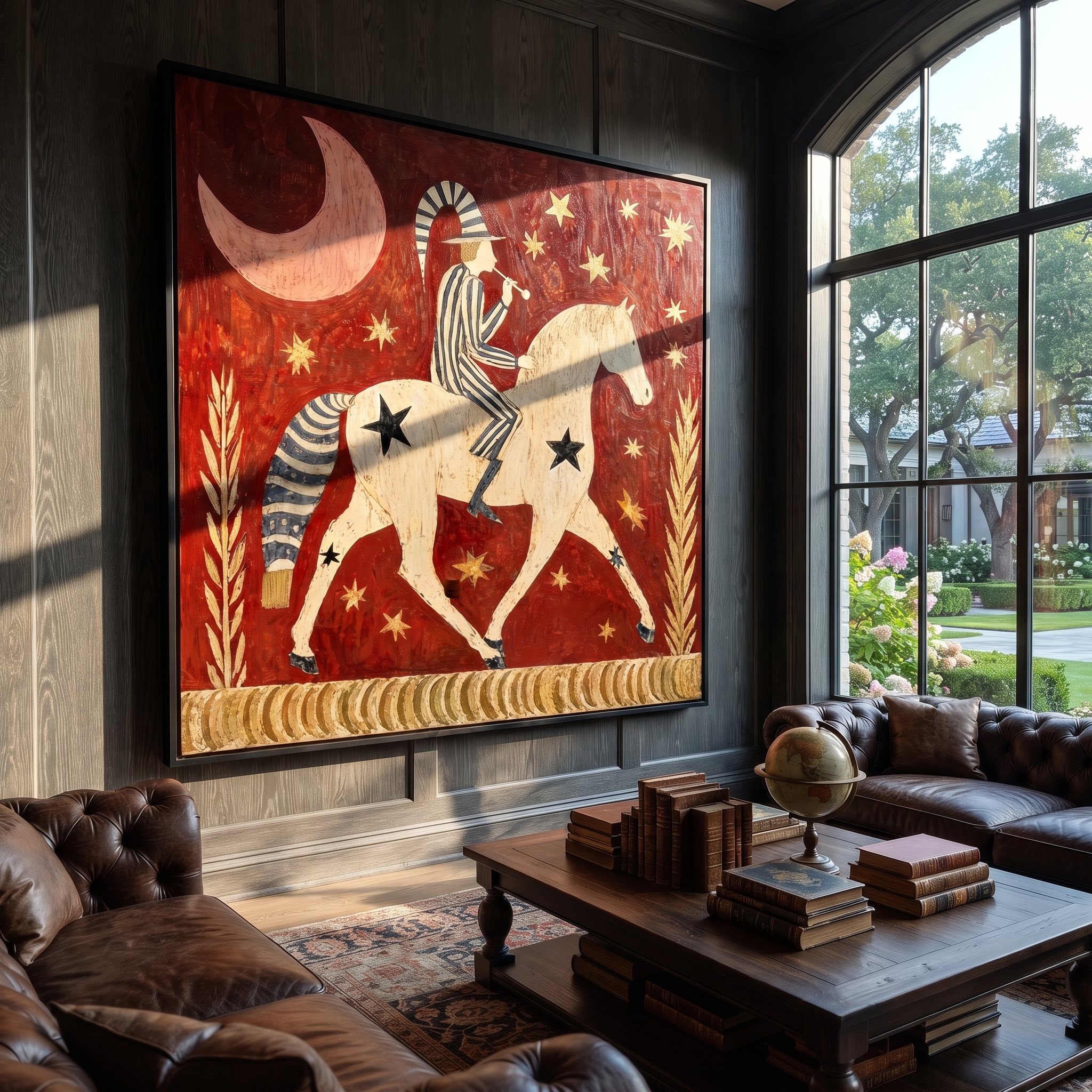 Painted Saddle Move through Olive - symbolic horse and rider painting by Isabelle Laurent, modern Western square wall art – styled room scene view 3