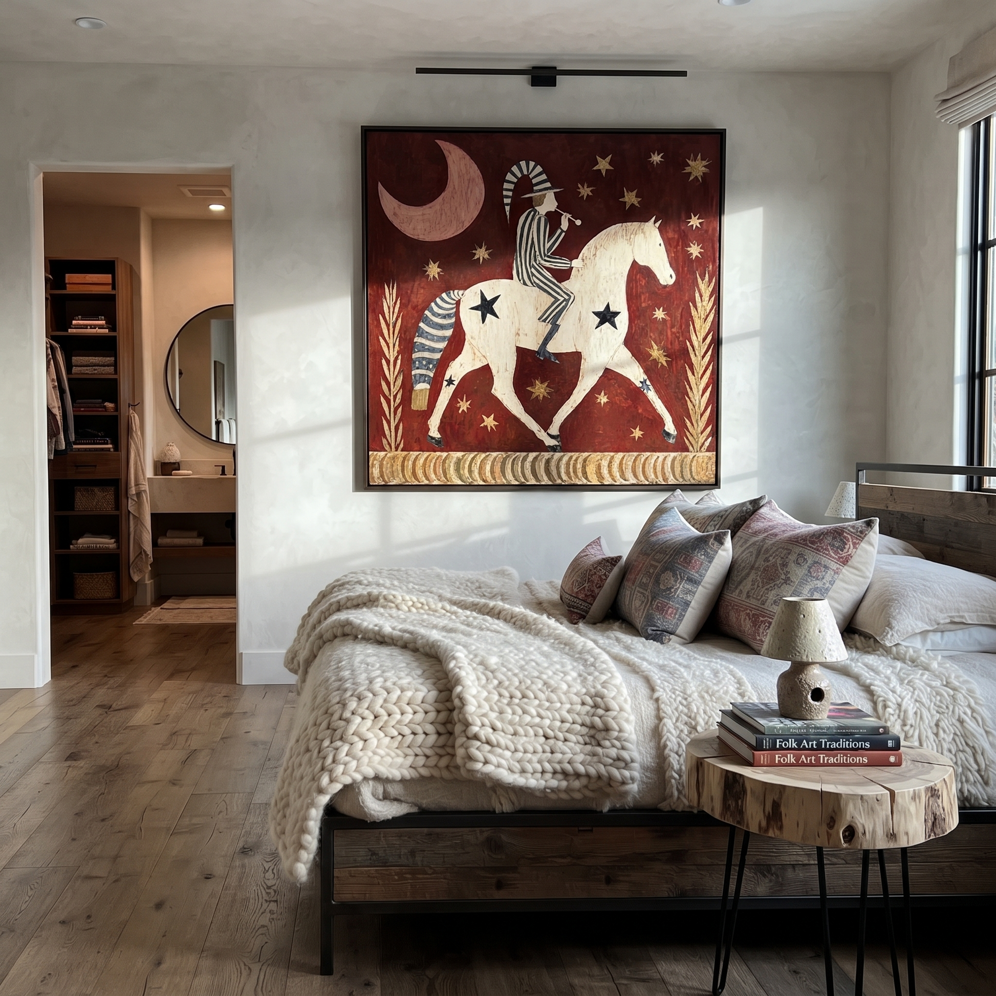 Painted Saddle Move through Olive - symbolic horse and rider painting by Isabelle Laurent, modern Western square wall art – styled room scene view 4