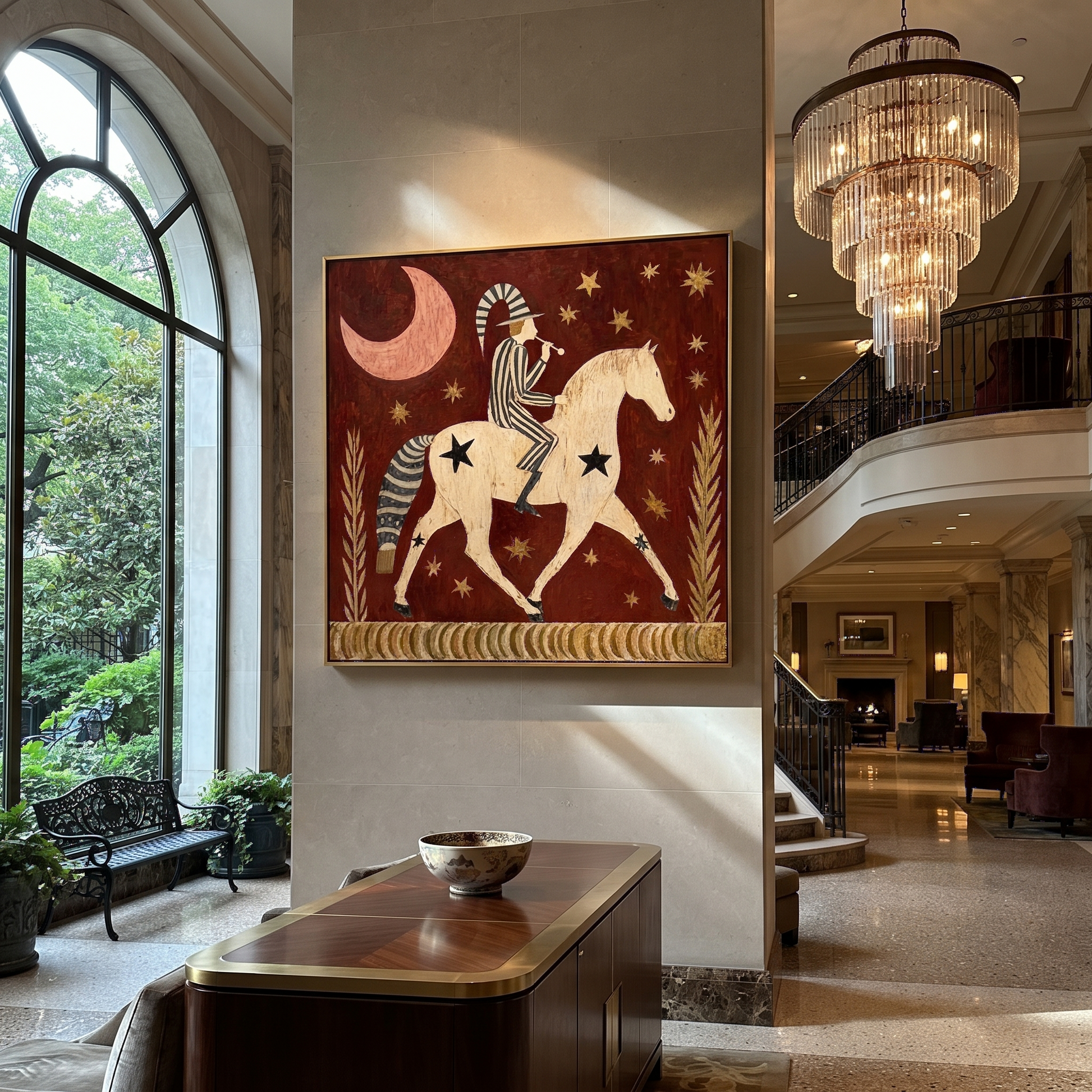 Painted Saddle Move through Olive - symbolic horse and rider painting by Isabelle Laurent, modern Western square wall art – styled room scene view 5