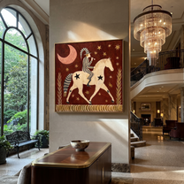Painted Saddle Move through Olive - symbolic horse and rider painting by Isabelle Laurent, modern Western square wall art – styled room scene view 5