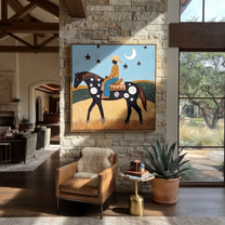 Long Mane Move through Olive - horse and rider painting by Isabelle Laurent, modern Western square wall art – styled room scene view 1