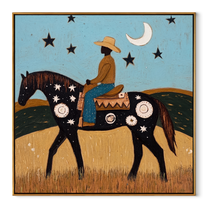 Long Mane Move through Olive - horse and rider painting by Isabelle Laurent, modern Western square wall art – wood frame on white background