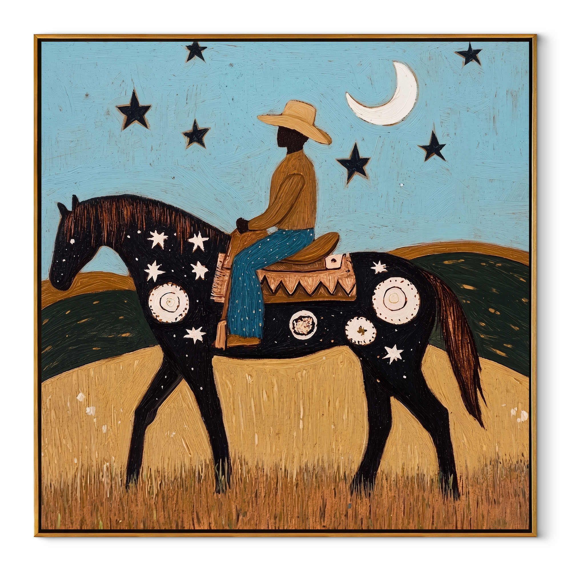 Long Mane Move through Olive - horse and rider painting by Isabelle Laurent, modern Western square wall art – wood frame on white background