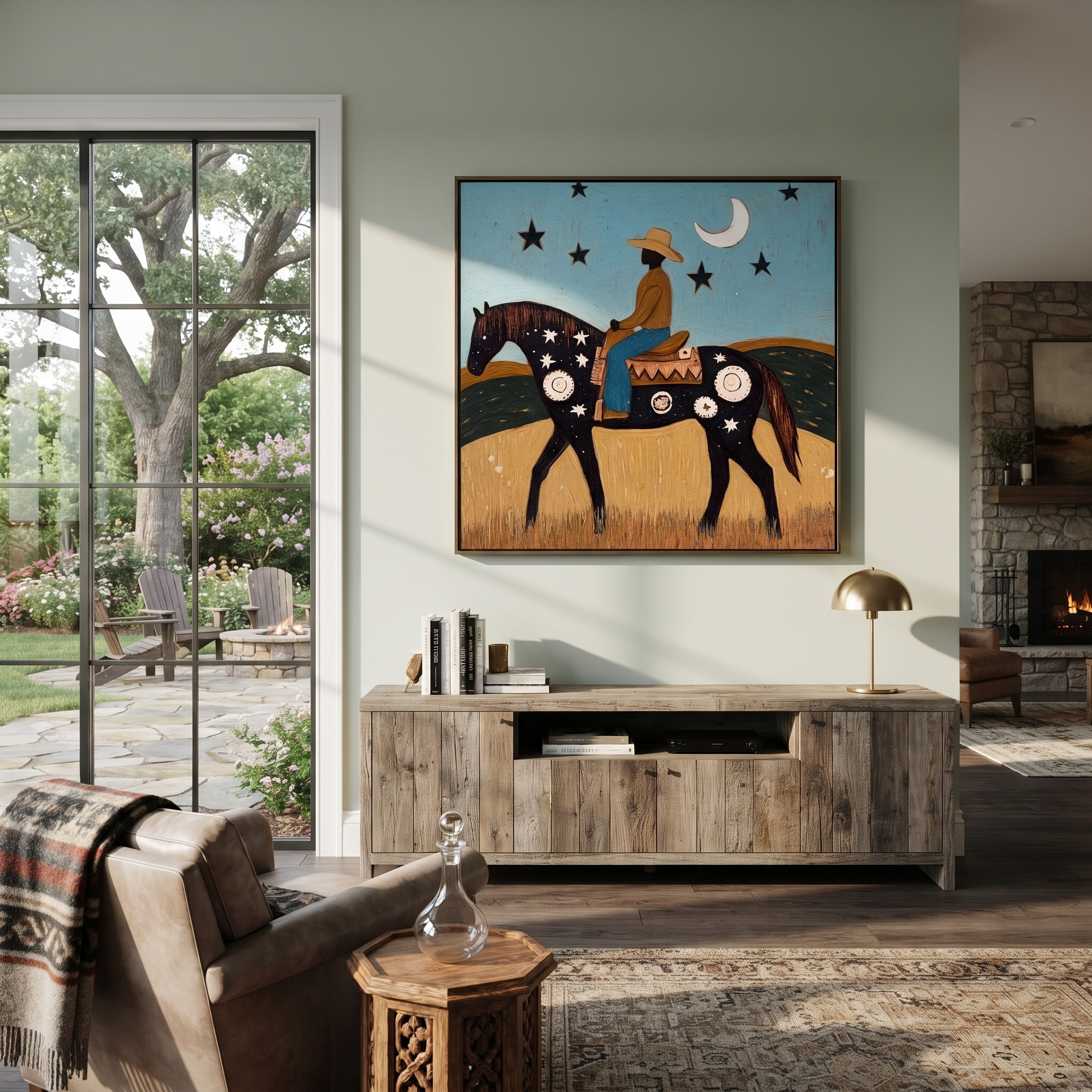 Long Mane Move through Olive - horse and rider painting by Isabelle Laurent, modern Western square wall art – styled room scene view 2