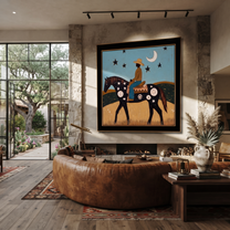 Long Mane Move through Olive - horse and rider painting by Isabelle Laurent, modern Western square wall art – styled room scene view 3