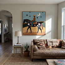 Long Mane Move through Olive - horse and rider painting by Isabelle Laurent, modern Western square wall art – styled room scene view 4