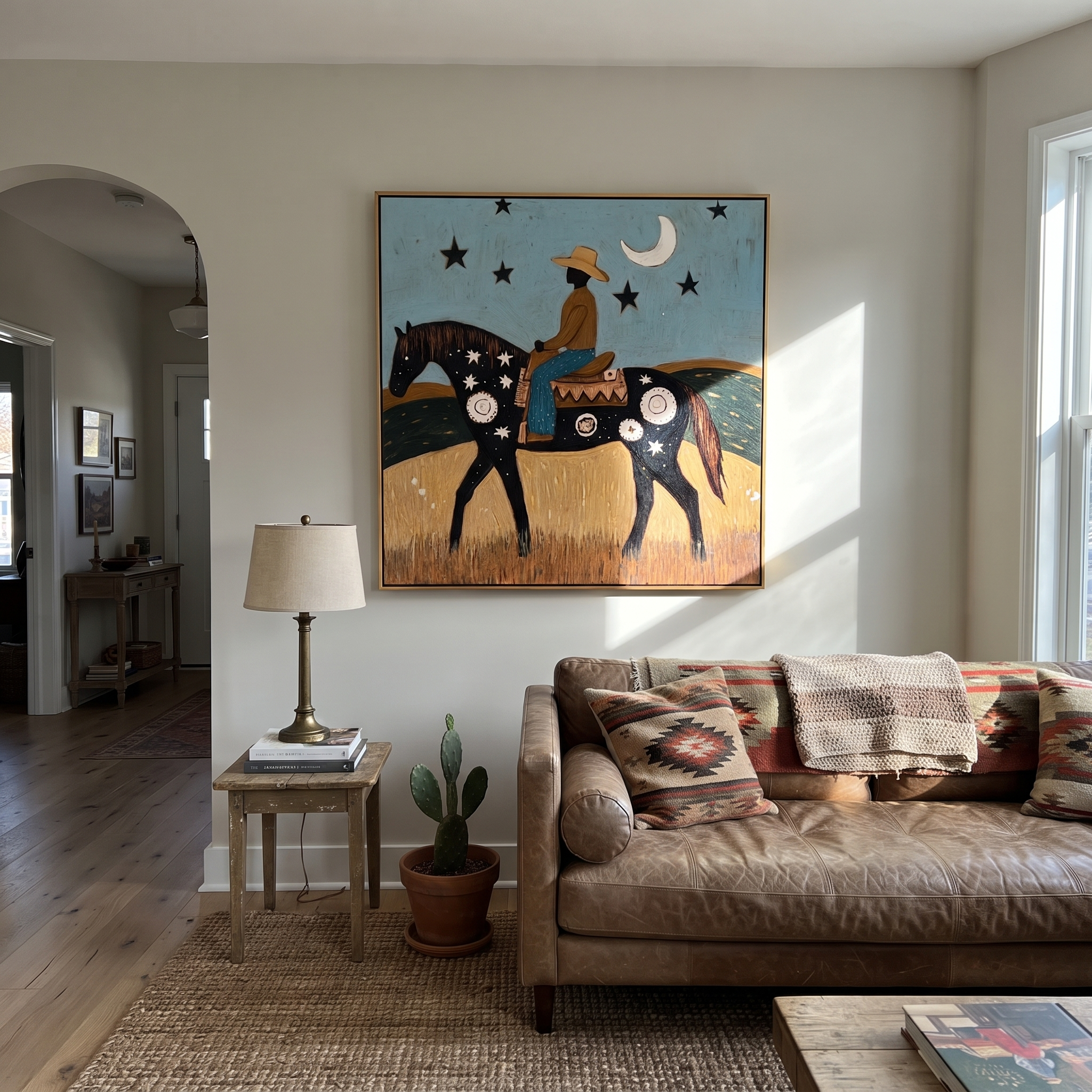Long Mane Move through Olive - horse and rider painting by Isabelle Laurent, modern Western square wall art – styled room scene view 4