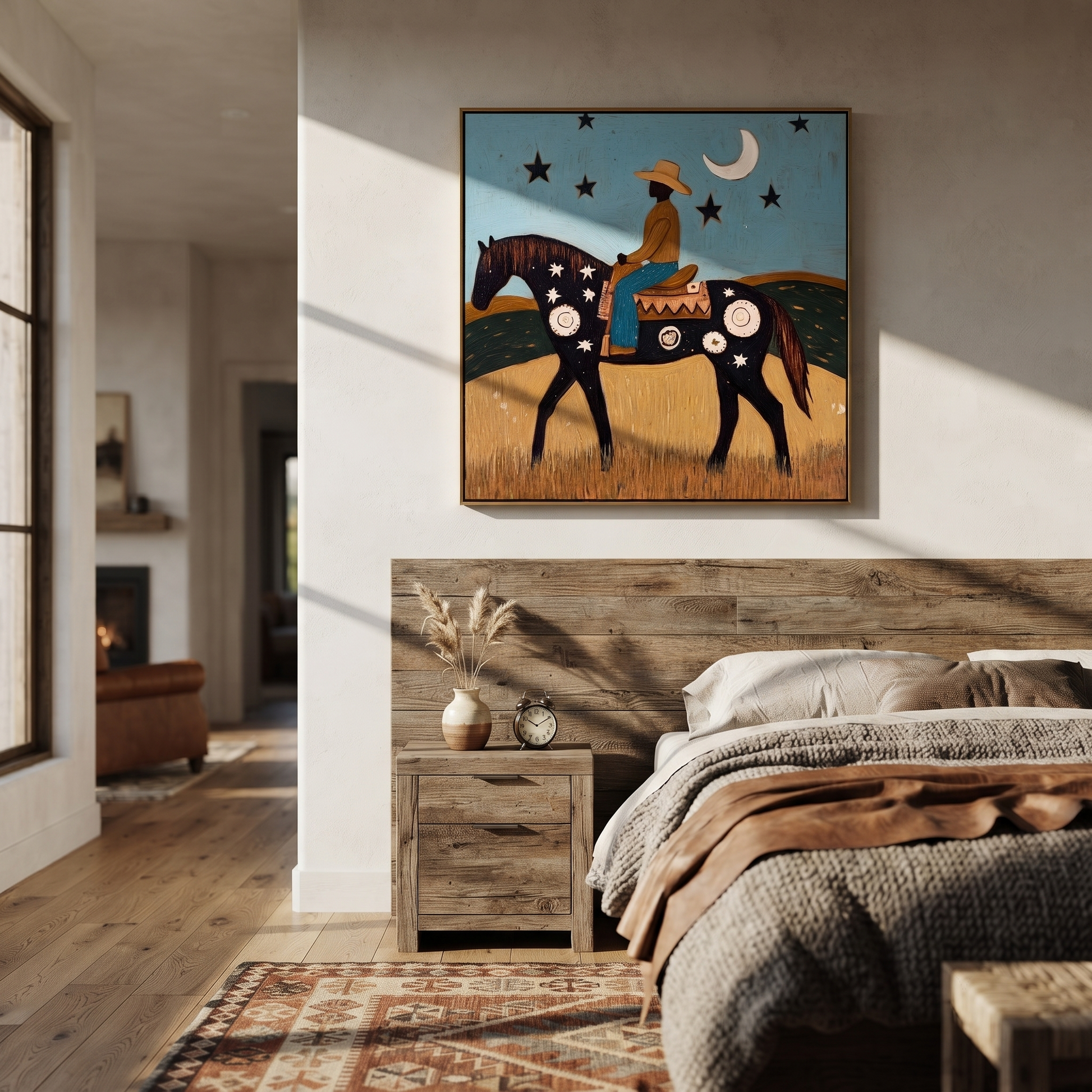 Long Mane Move through Olive - horse and rider painting by Isabelle Laurent, modern Western square wall art – styled room scene view 5