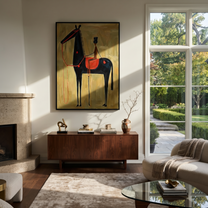 Western Stars Move through Olive - modern horse portrait by Isabelle Laurent, modern Western vertical wall art – styled room scene view 1