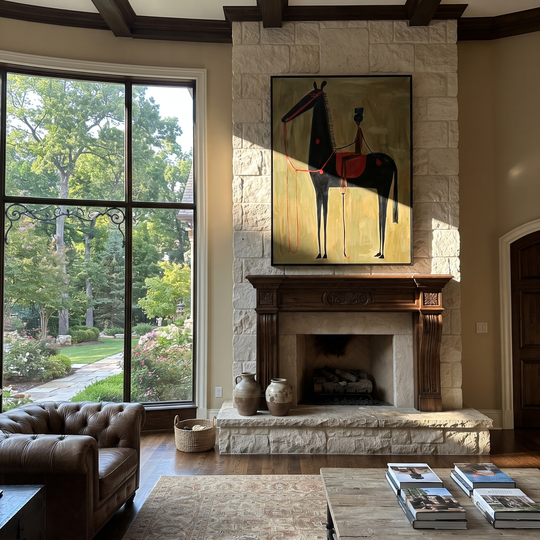 Western Stars Move through Olive - modern horse portrait by Isabelle Laurent, modern Western vertical wall art – styled room scene view 2