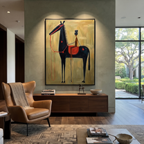 Western Stars Move through Olive - modern horse portrait by Isabelle Laurent, modern Western vertical wall art – styled room scene view 3