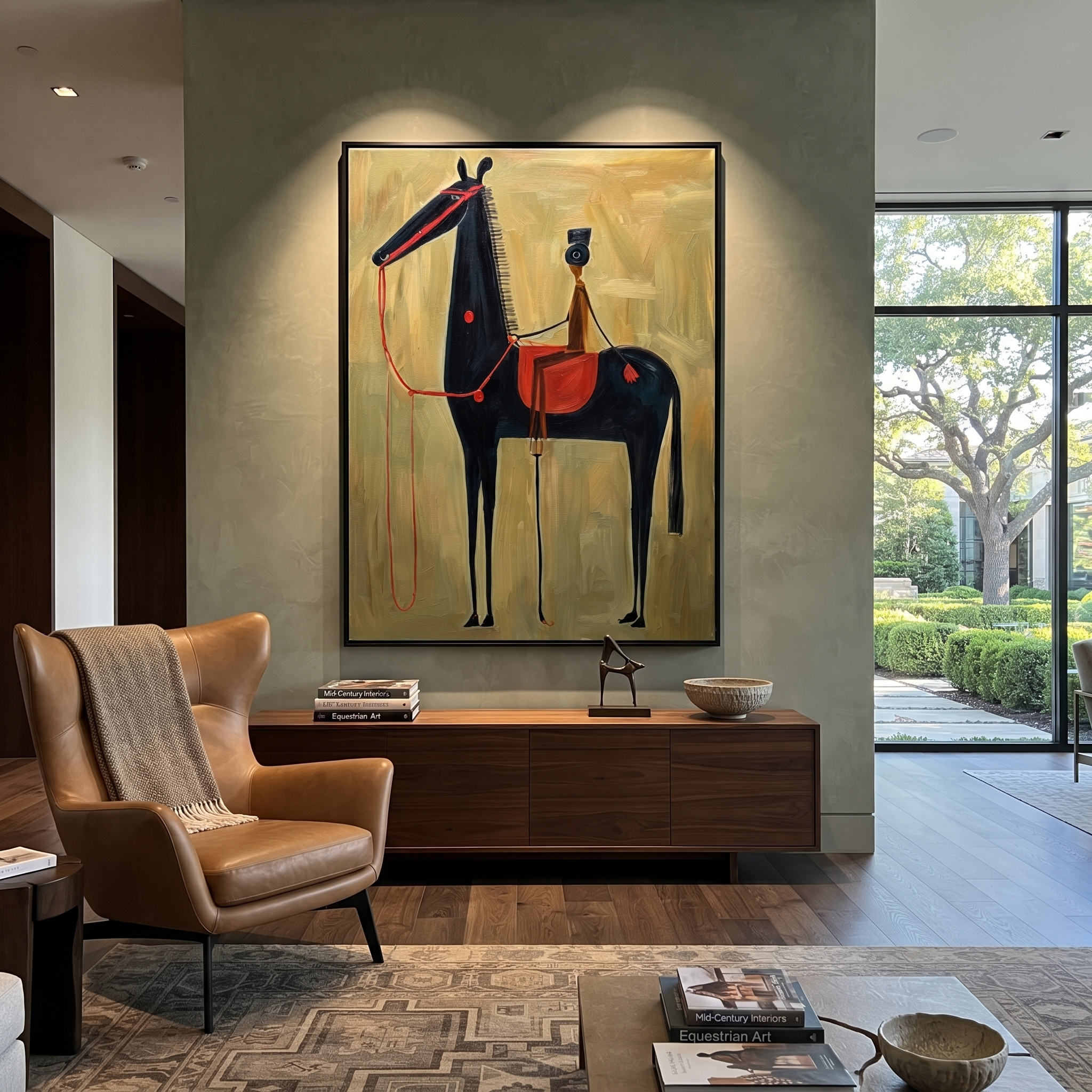 Western Stars Move through Olive - modern horse portrait by Isabelle Laurent, modern Western vertical wall art – styled room scene view 3