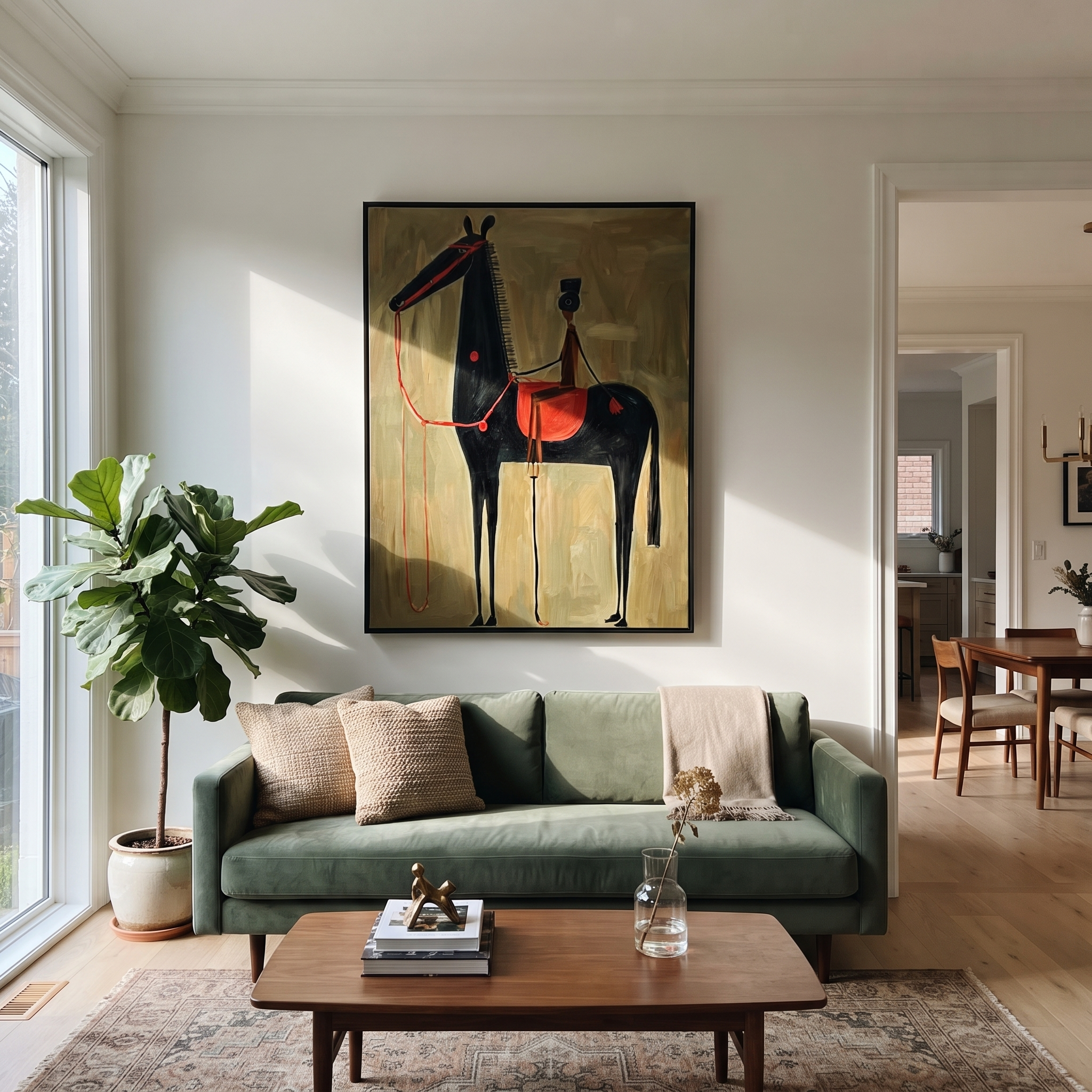 Western Stars Move through Olive - modern horse portrait by Isabelle Laurent, modern Western vertical wall art – styled room scene view 4