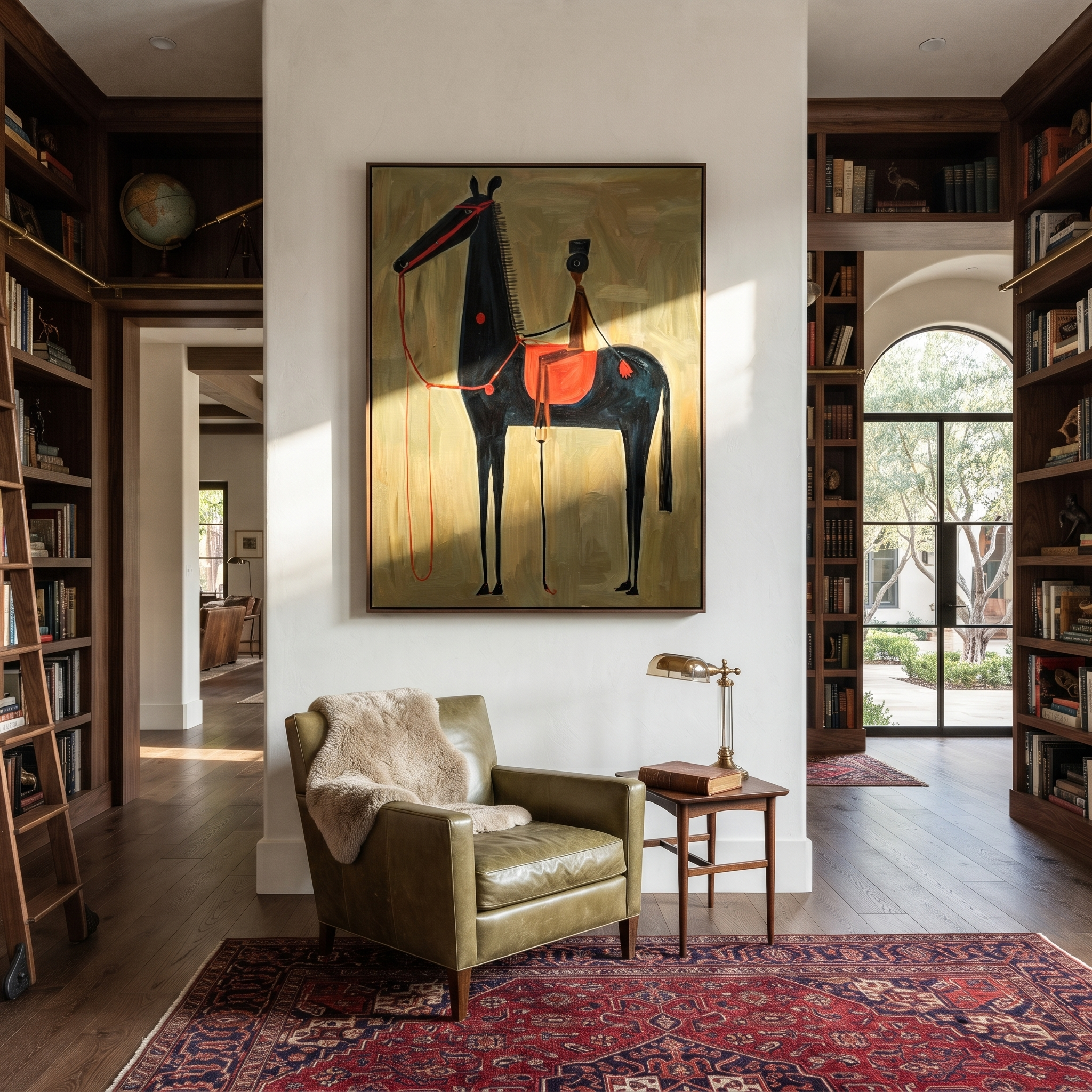 Western Stars Move through Olive - modern horse portrait by Isabelle Laurent, modern Western vertical wall art – styled room scene view 5