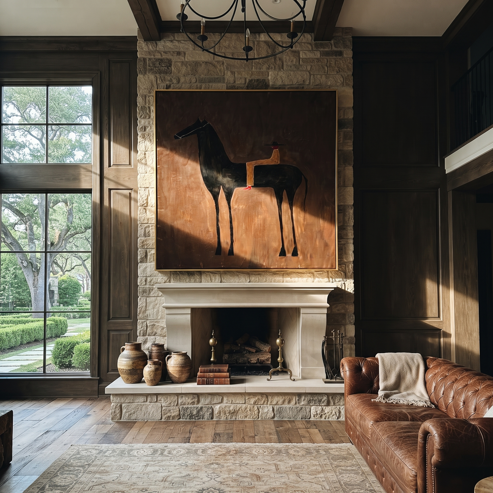 Gentle Strength Move through Olive - two horse painting by Isabelle Laurent, modern Western square wall art – styled room scene view 1