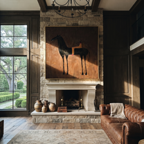 Gentle Strength Move through Olive - two horse painting by Isabelle Laurent, modern Western square wall art – styled room scene view 1
