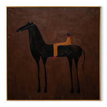 Gentle Strength Move through Olive - two horse painting by Isabelle Laurent, modern Western square wall art – wood frame on white background