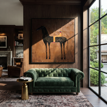 Gentle Strength Move through Olive - two horse painting by Isabelle Laurent, modern Western square wall art – styled room scene view 2