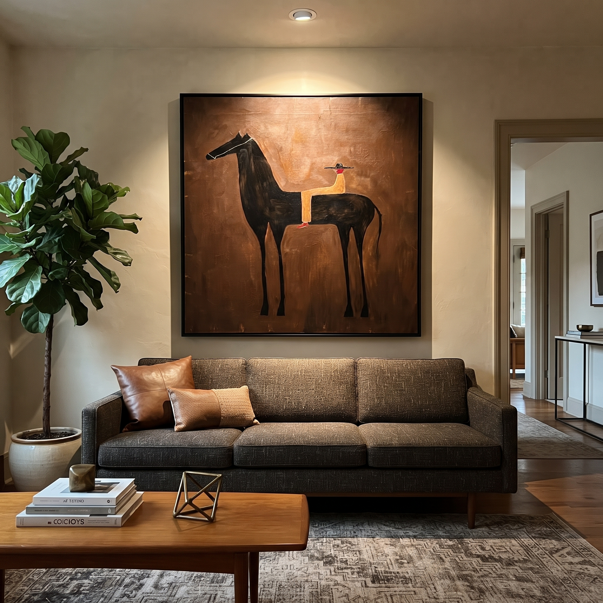 Gentle Strength Move through Olive - two horse painting by Isabelle Laurent, modern Western square wall art – styled room scene view 3