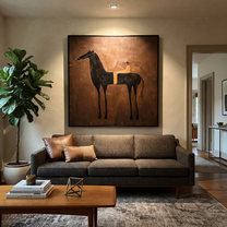 Gentle Strength Move through Olive - two horse painting by Isabelle Laurent, modern Western square wall art – styled room scene view 3