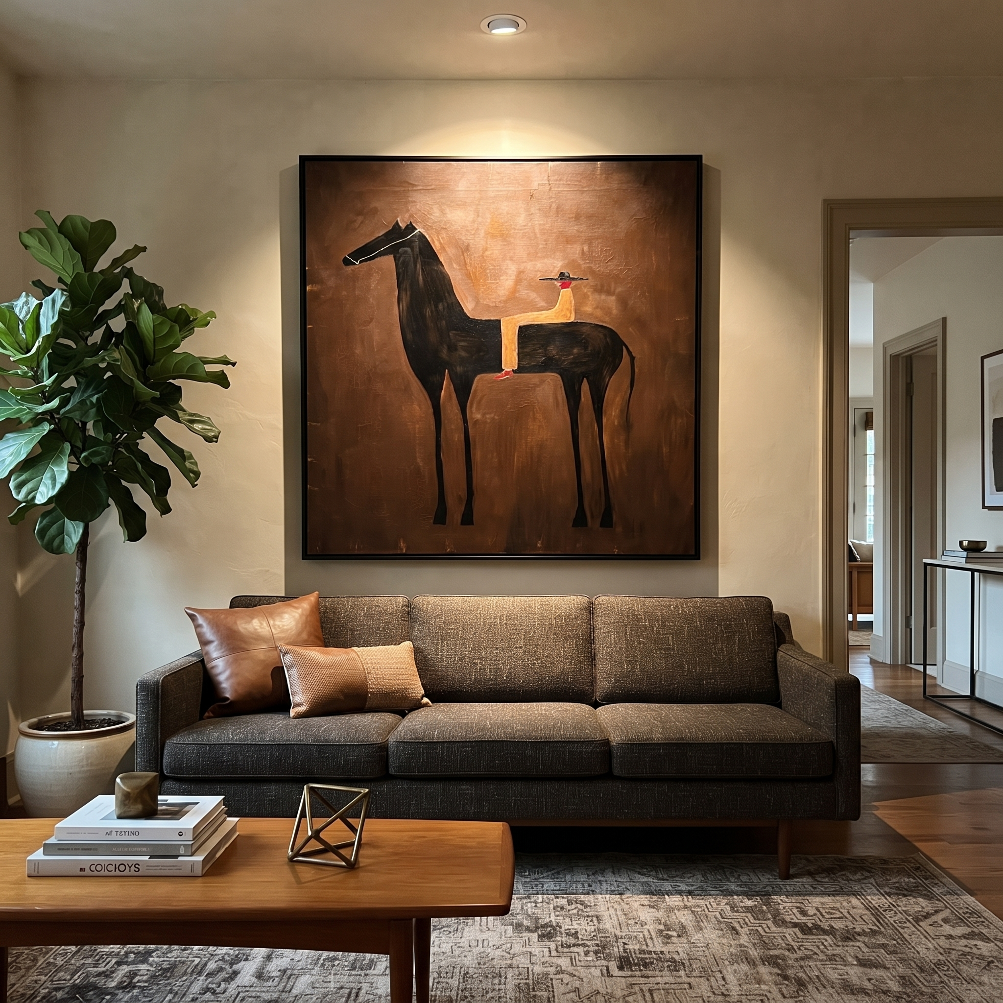 Gentle Strength Move through Olive - two horse painting by Isabelle Laurent, modern Western square wall art – styled room scene view 3