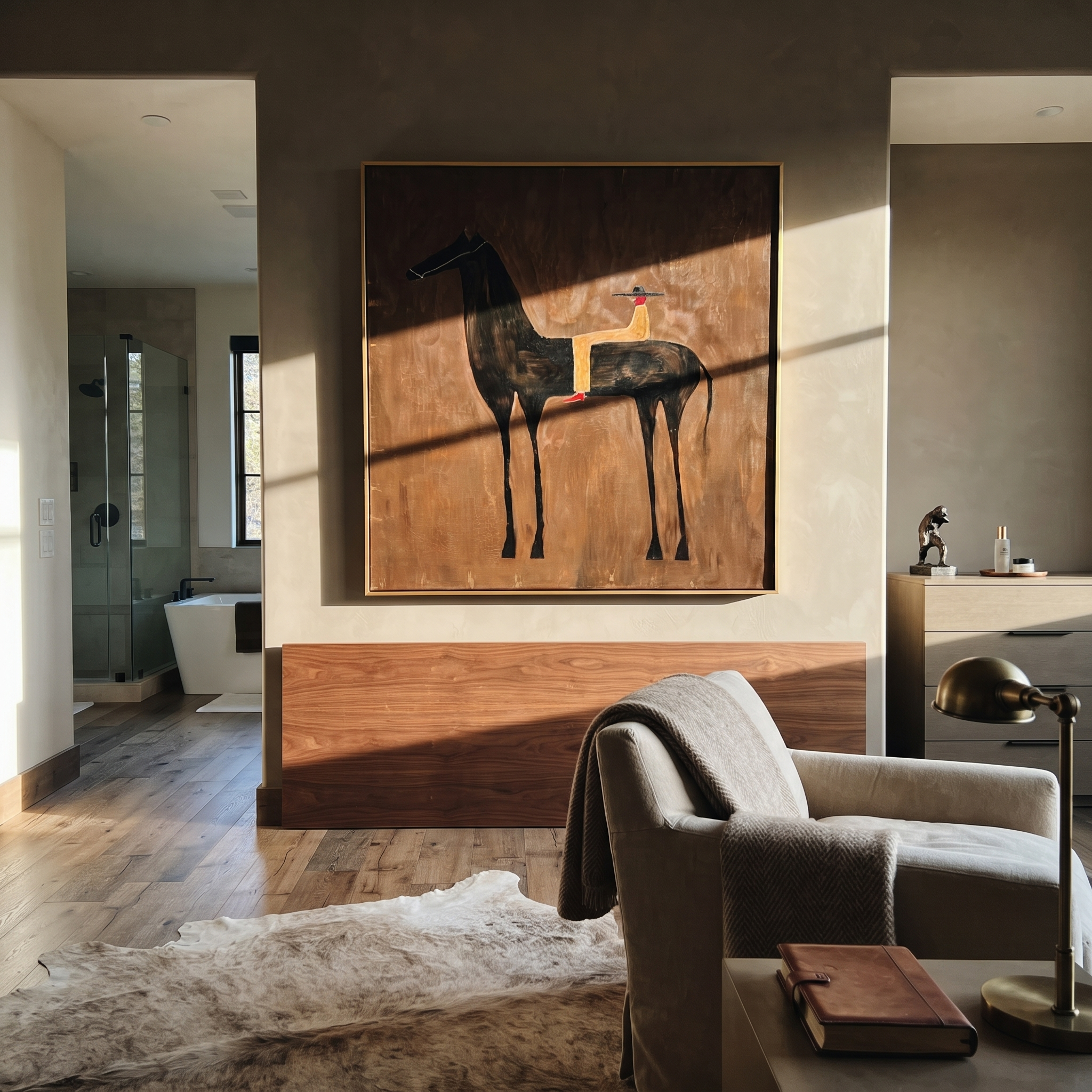 Gentle Strength Move through Olive - two horse painting by Isabelle Laurent, modern Western square wall art – styled room scene view 4