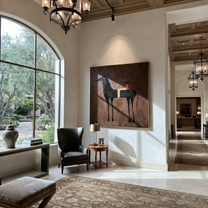 Gentle Strength Move through Olive - two horse painting by Isabelle Laurent, modern Western square wall art – styled room scene view 5