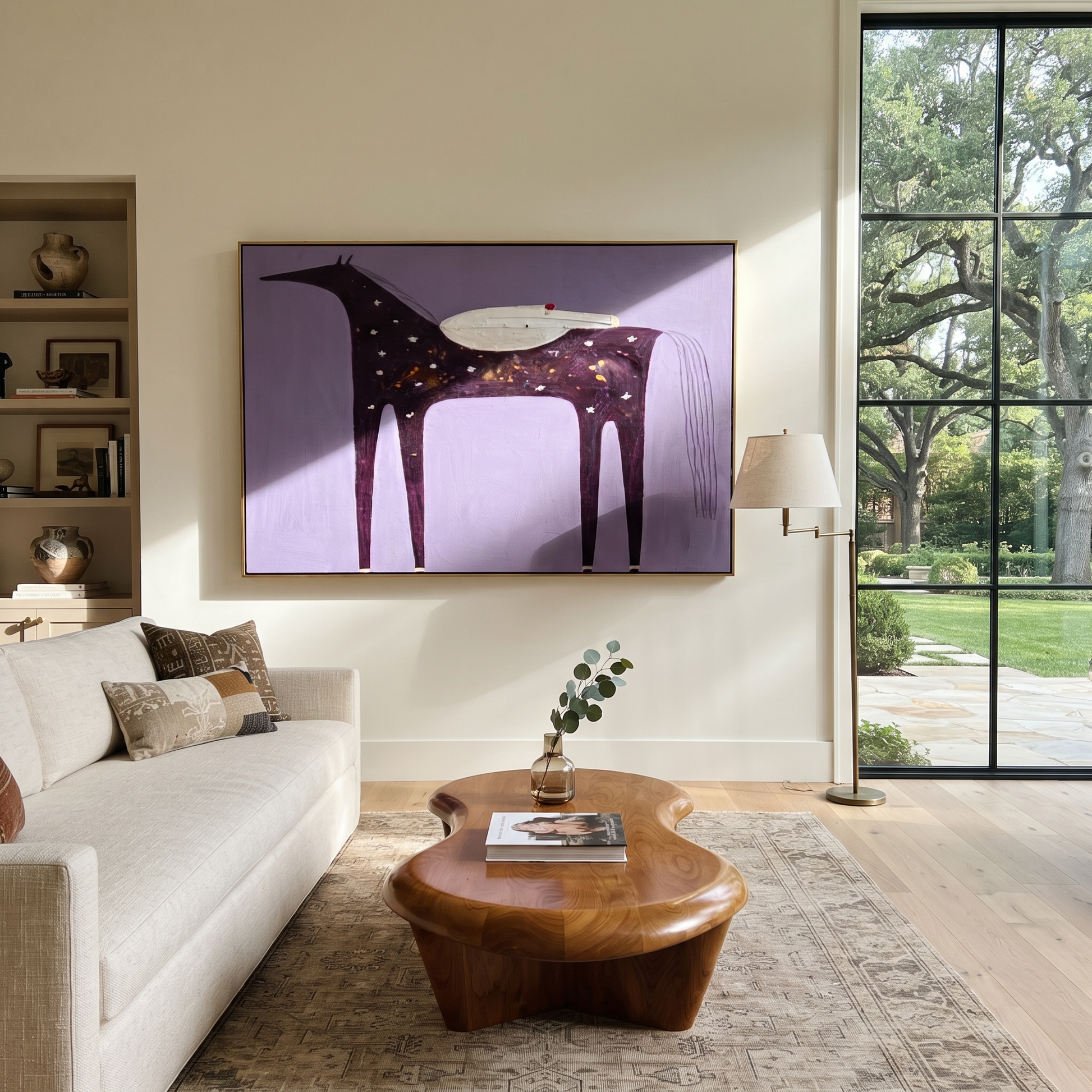 Desert Rhythm Move through Olive - symbolic horse and rider painting by Isabelle Laurent, modern Western horizontal wall art – styled room scene view 1