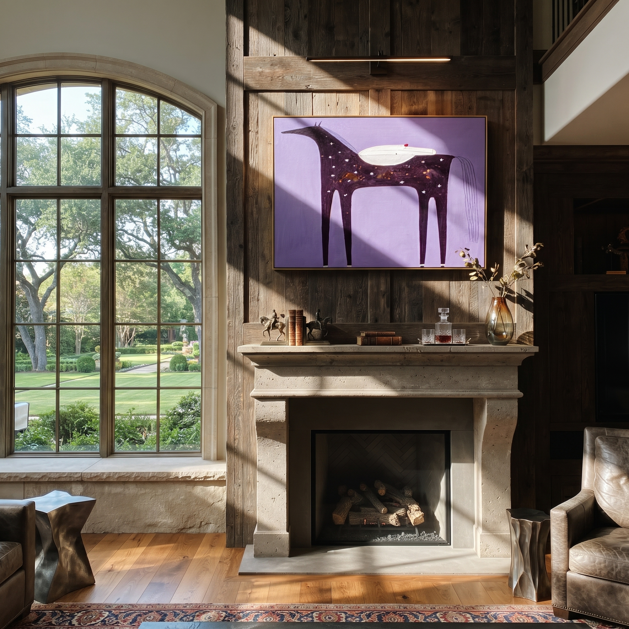 Desert Rhythm Move through Olive - symbolic horse and rider painting by Isabelle Laurent, modern Western horizontal wall art – styled room scene view 2