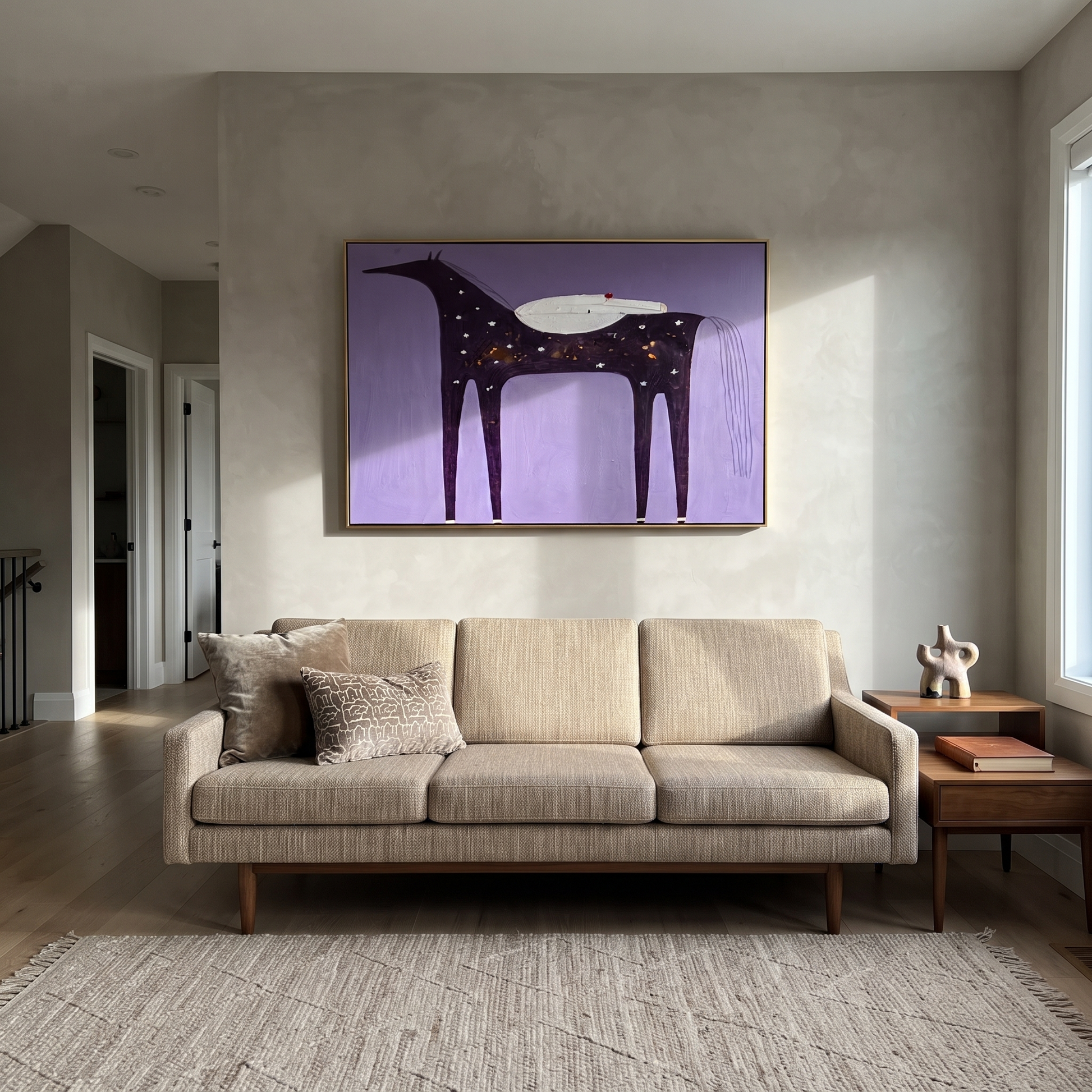 Desert Rhythm Move through Olive - symbolic horse and rider painting by Isabelle Laurent, modern Western horizontal wall art – styled room scene view 3