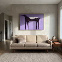 Desert Rhythm Move through Olive - symbolic horse and rider painting by Isabelle Laurent, modern Western horizontal wall art – styled room scene view 3