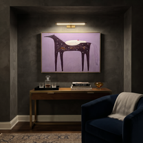 Desert Rhythm Move through Olive - symbolic horse and rider painting by Isabelle Laurent, modern Western horizontal wall art – styled room scene view 4