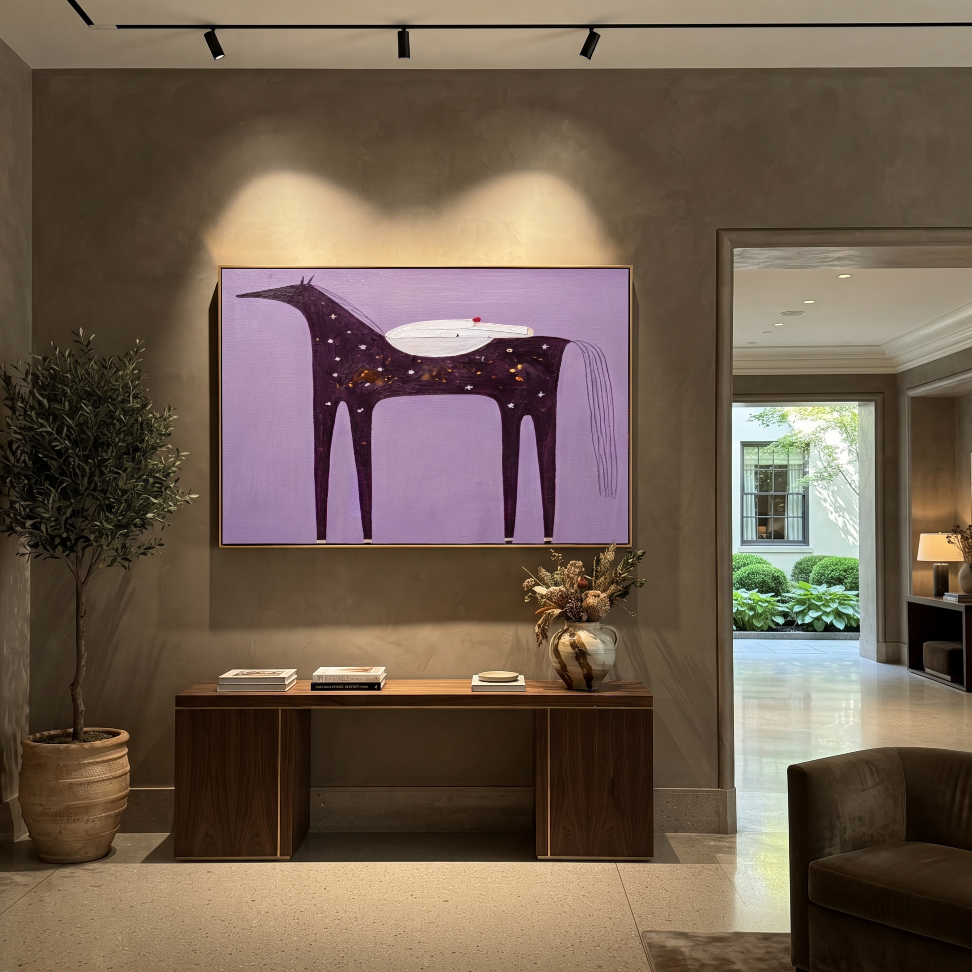 Desert Rhythm Move through Olive - symbolic horse and rider painting by Isabelle Laurent, modern Western horizontal wall art – styled room scene view 5