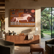 Moonlit Horse Move through Olive - running horse painting by Isabelle Laurent, modern Western horizontal wall art – styled room scene view 1