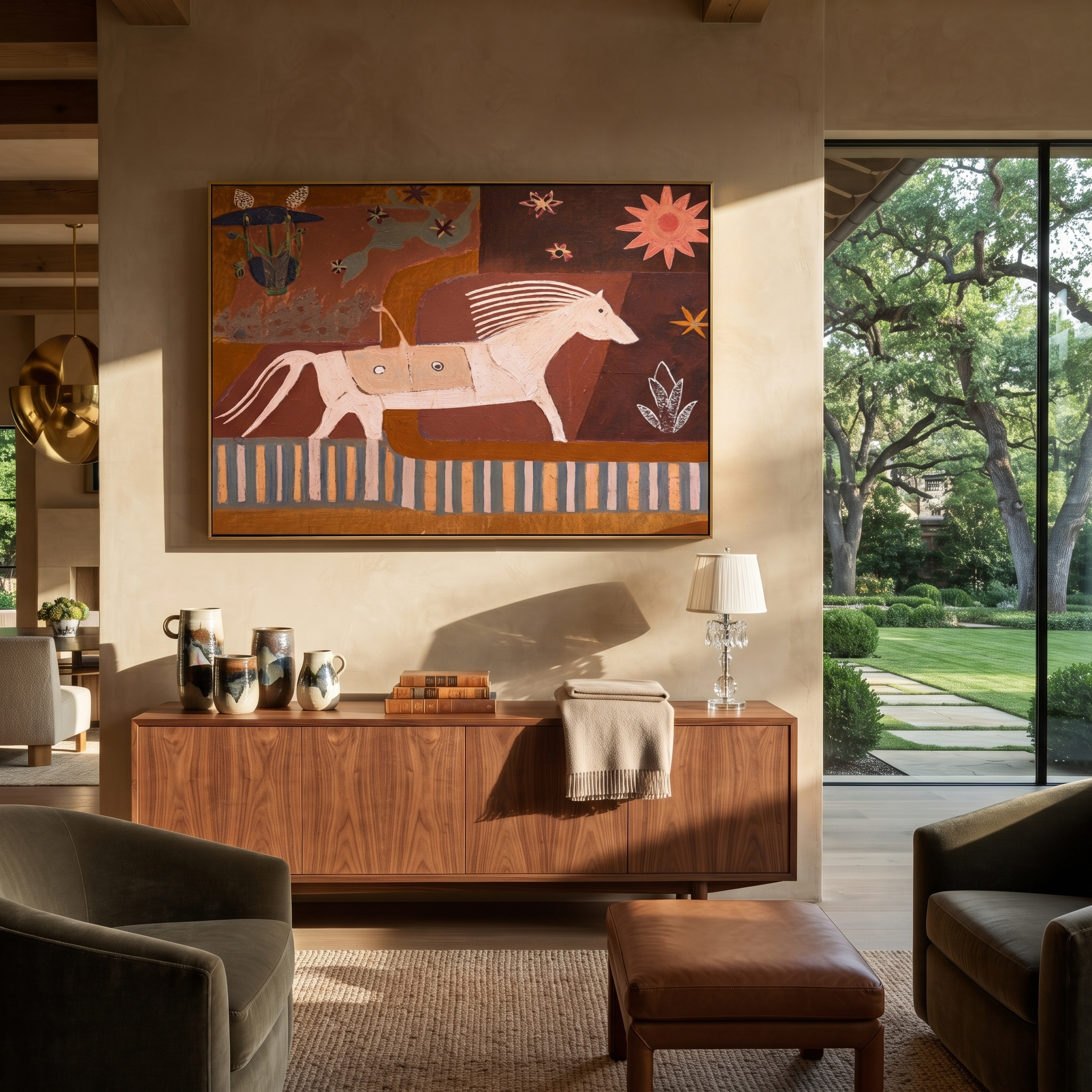 Moonlit Horse Move through Olive - running horse painting by Isabelle Laurent, modern Western horizontal wall art – styled room scene view 1