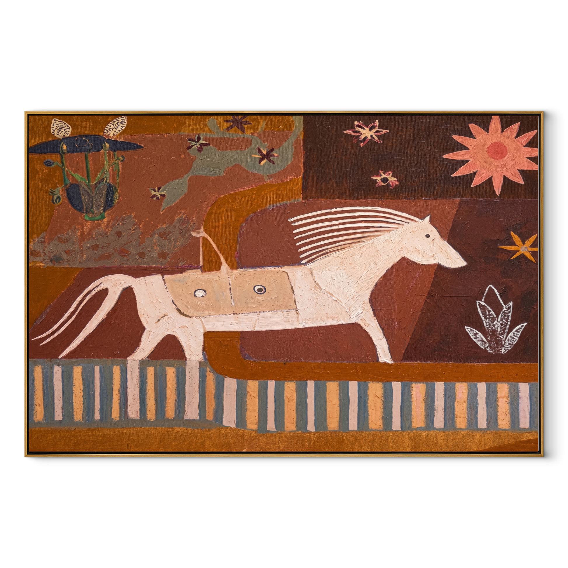 Moonlit Horse Move through Olive - running horse painting by Isabelle Laurent, modern Western horizontal wall art – wood frame on white background