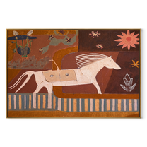 Moonlit Horse Move through Olive - running horse painting by Isabelle Laurent, modern Western horizontal wall art – wood frame on white background
