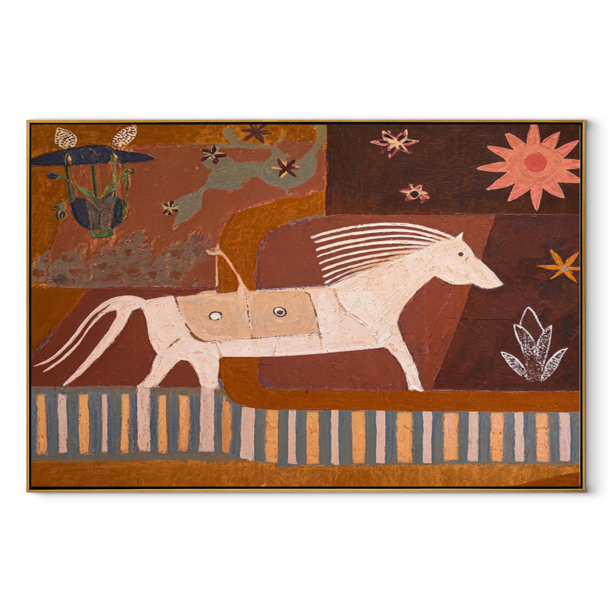 Moonlit Horse Move through Olive - running horse painting by Isabelle Laurent, modern Western horizontal wall art – wood frame on white background