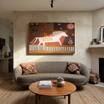 Moonlit Horse Move through Olive - running horse painting by Isabelle Laurent, modern Western horizontal wall art – styled room scene view 2