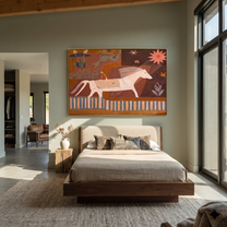 Moonlit Horse Move through Olive - running horse painting by Isabelle Laurent, modern Western horizontal wall art – styled room scene view 3