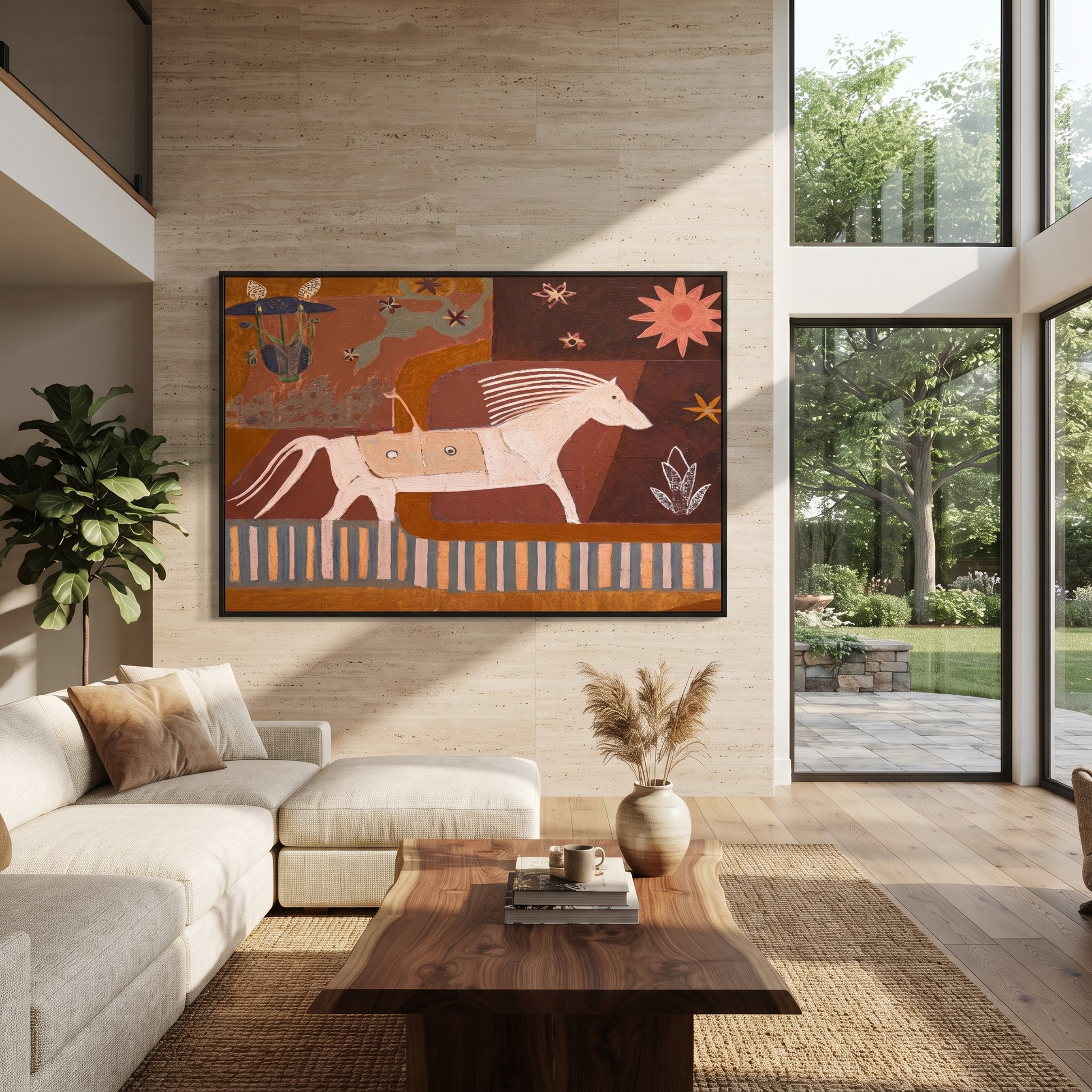 Moonlit Horse Move through Olive - running horse painting by Isabelle Laurent, modern Western horizontal wall art – styled room scene view 4